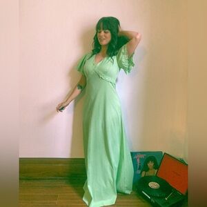 Vintage 1970s Green Crochet Trim Maxi